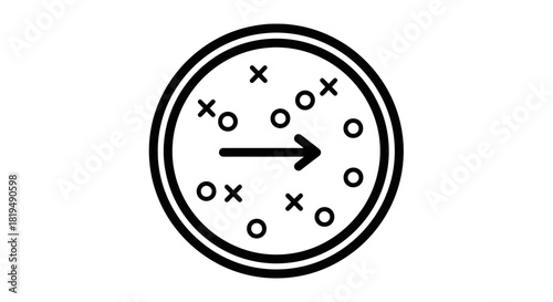 A black and white line art icon depicting a circular strategy board with 'x' and 'o' symbols and a central arrow indicating direction or progress.