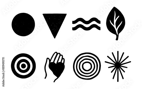 Abstract geometric and nature symbols with grunge texture