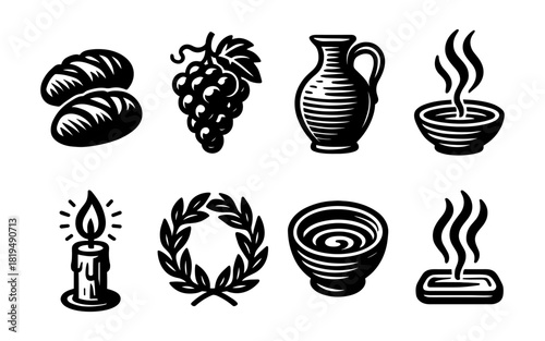 Vintage black and white icons featuring bread, grapes, wine jug, soup, candle, and soap