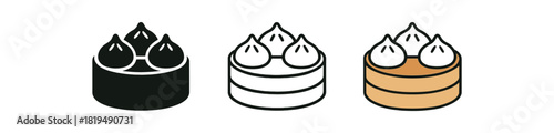 dim sum icons three bamboo steamer baskets with dumpling shapes one flat solid monochrome one thin black outline black and white one full color flat icon light wood and white