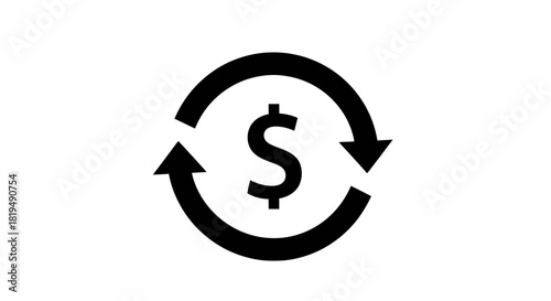 A black dollar sign icon with circular refresh arrows, symbolizing money exchange or financial transaction on a white background.