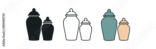 decorative jar set icons three grouped ceramic jar icons different heights one flat solid monochrome one thin black outline black and white one full color flat icon soft matte glazes