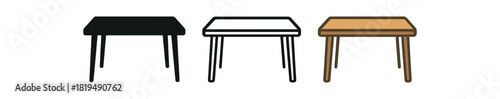 dining table icons three modern dining table icons with simple top and slim legs one flat solid monochrome one thin black outline black and white one full color flat icon warm wood tones