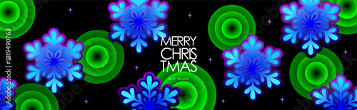 Vibrant neon Christmas banner with glowing blue snowflakes, radial shapes, and a bold modern holiday message on a black background for festive ads, pattern, digital greeting card and winter promotion
