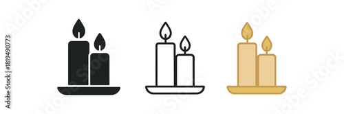scented candle set icons three grouped candle icons of different heights on tray one flat solid monochrome one thin black outline black and white one full color flat icon warm beige and gold