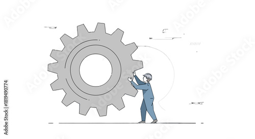 A person in blue overalls pushing a large gear into place, symbolizing teamwork and problem-solving.