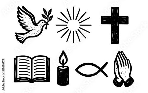Hand drawn religious symbols: dove, cross, bible, candle, fish, praying hands