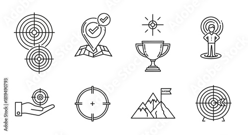 A collection of thin line icons representing business goals, targeting, and achievement.