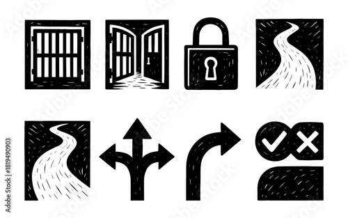 Black and white woodcut style icons: doors, lock, path, arrows, choices