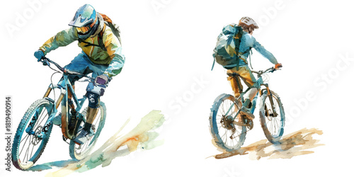mountain biking downhill watercolor vector illustration