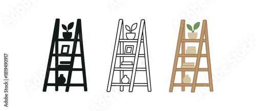 ladder shelf icons three leaning ladder shelf icons with few decor objects one flat solid monochrome one thin black outline black and white one full color flat icon wood and neutral items