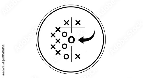 Simple black and white icon depicting a Tic-Tac-Toe game board with X and O symbols, an arrow pointing to an O, illustrating a move or strategy.