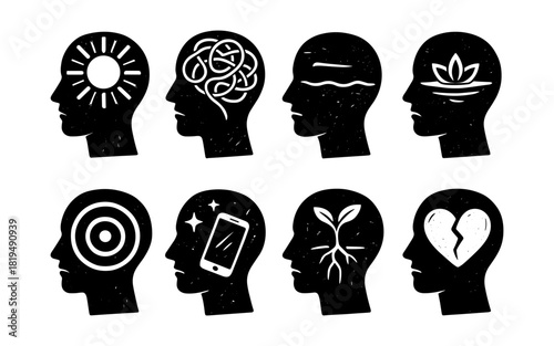 Silhouette profile concepts: sun, maze, waves, lotus, target, phone, plant, heart