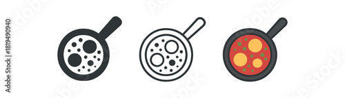 tunisian shakshuka icons three pans with egg circles tomato sauce one flat solid monochrome one thin black outline black and white one full color flat icon red and green