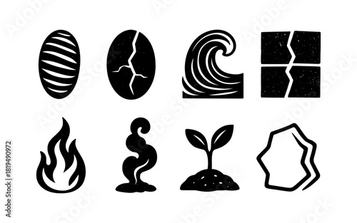 Hand drawn element icons: earthquake, fire, water, plant in black silhouette style