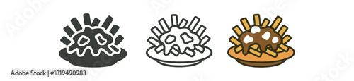 canadian poutine icons three plates with fries gravy and cheese curd shapes one flat solid monochrome one thin black outline black and white one full color flat icon brown and white