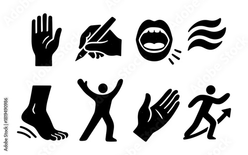 Set of black silhouette icons representing human actions and symbols