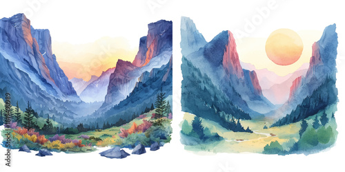 mountain valley at sunrise watercolor vector illustration