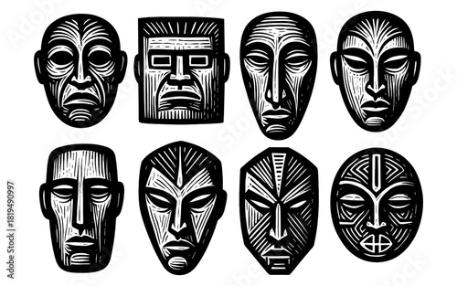 Collection of tribal masks in bold black and white woodcut style