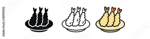 japanese tempura icons three shrimp and veggie tempura silhouettes on small plate one flat solid monochrome one thin black outline black and white one full color flat icon pale and orange