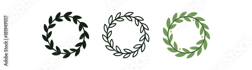 seasonal wreath icons three round wreath icons with minimal foliage shapes one flat solid monochrome one thin black outline black and white one full color flat icon green and neutral accents