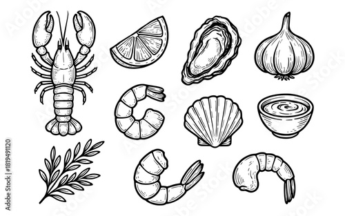 Hand-drawn seafood and cooking ingredients collection with shrimp, lobster, and herbs