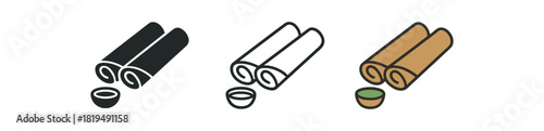 indian dosa icons three rolled thin crepe silhouettes with small chutney bowl one flat solid monochrome one thin black outline black and white one full color flat icon golden brown and green