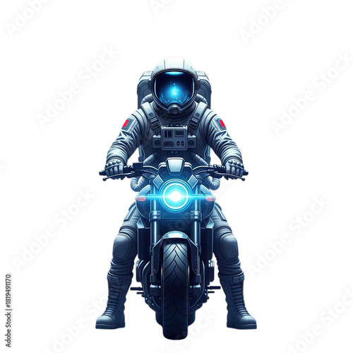 Astronaut riding a futuristic motorcycle with glowing blue lights, isolated on transparent background