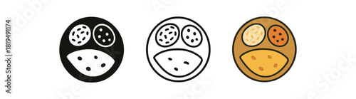 indian thali icons three round plates divided into small curry rice and bread segments one flat solid monochrome one thin black outline black and white one full color flat icon bright spice