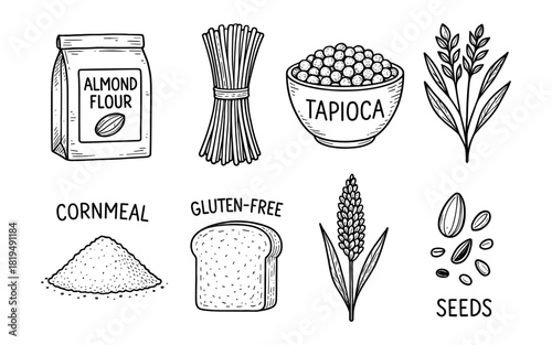 Hand-drawn gluten-free ingredients: almond flour, tapioca, cornmeal, seeds