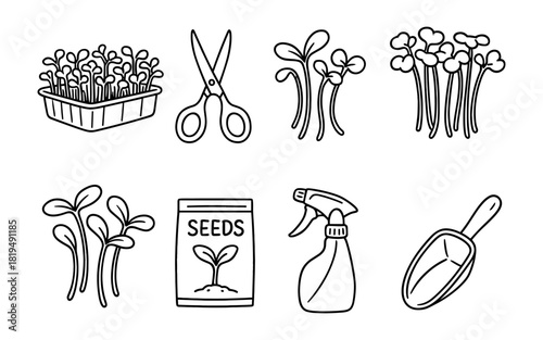 Hand drawn gardening tools and sprouts icons for home and garden enthusiasts