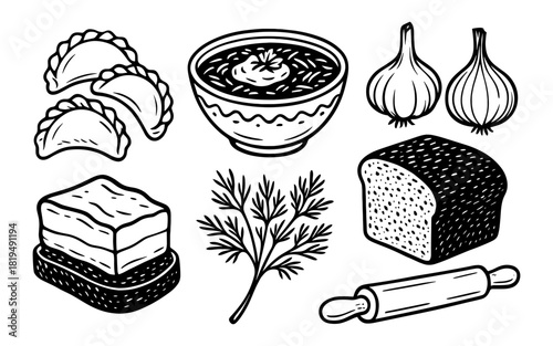 Traditional ukrainian cuisine elements with dumplings, soup, and ingredients in black and white line art