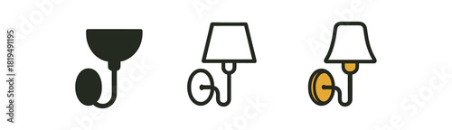 sconce icons three small light icons with different shade shapes one flat solid monochrome one thin black outline black and white one full color flat icon brass and white