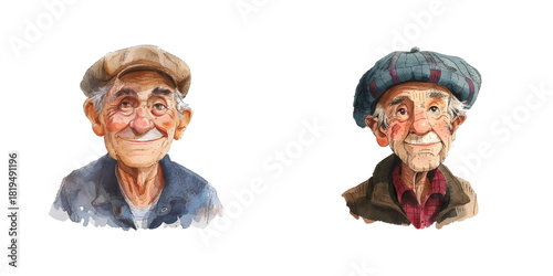 old man wearing breton hat watercolor vector illustration.