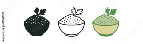 lebanese tabbouleh icons three bowls with fine grain and herb dot pattern one flat solid monochrome one thin black outline black and white one full color flat icon green and beige