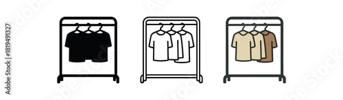 minimal wardrobe rack icons three open clothing rack icons with few hanging garments one flat solid monochrome one thin black outline black and white one full color flat icon black metal