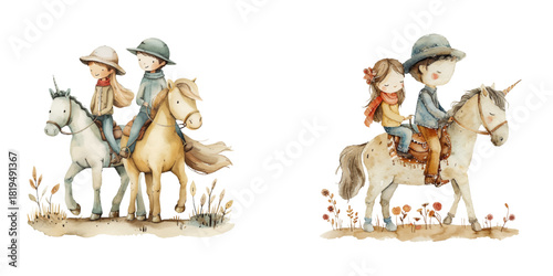 romantic couple riding horse watercolor vector illustration