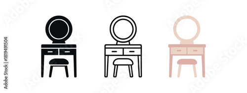 vanity table icons three vanity icons with round mirror and small stool one flat solid monochrome one thin black outline black and white one full color flat icon white and blush tones