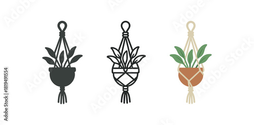 macrame plant hanger icons three hanging macrame pot icons with simple knots one flat solid monochrome one thin black outline black and white one full color flat icon cream cord and green