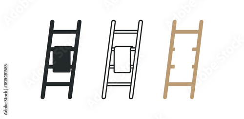 decorative ladder towel icons three leaning wooden ladder icons with towels draped one flat solid monochrome one thin black outline black and white one full color flat icon natural wood and