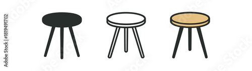 round side table icons three small round side tables with tripod legs one flat solid monochrome one thin black outline black and white one full color flat icon light wood and black