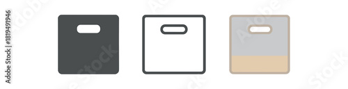 fabric storage cube icons three fabric cube bin icons with handle cutouts one flat solid monochrome one thin black outline black and white one full color flat icon soft gray and sand