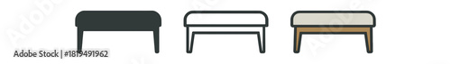 upholstered bench icons three benches with padded top and slim legs for foot of bed one flat solid monochrome one thin black outline black and white one full color flat icon soft fabric and