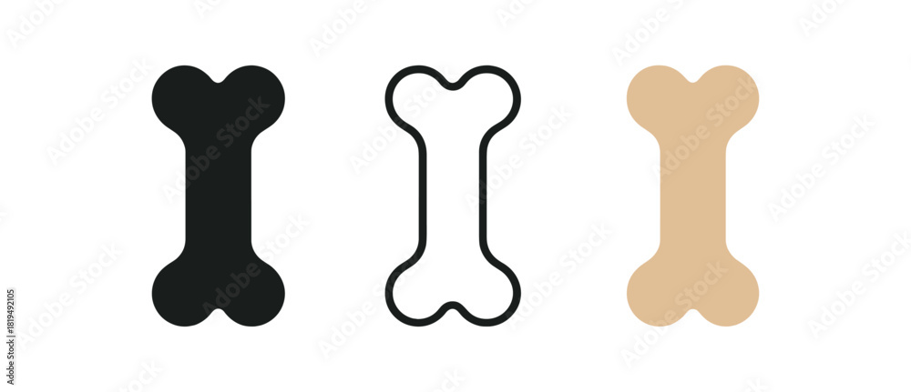 Fototapeta premium dog bone toy icons three classic bone silhouettes with soft edges one flat solid monochrome one thin black outline black and white one full color flat icon beige or light brown