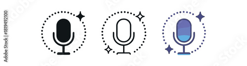 voice assistant icons three microphone with small sparkle and dot ring icons one flat solid monochrome one thin black outline black and white one full color flat icon purple and cyan