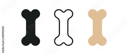 dog bone toy icons three classic bone silhouettes with soft edges one flat solid monochrome one thin black outline black and white one full color flat icon beige or light brown
