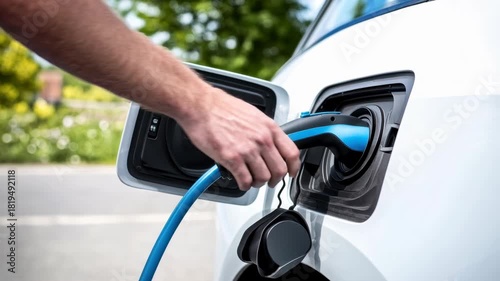 Close-up of man’s hand plugging in electric vehicle charger. Shiny blue car surface reflects ambient light. Concept of clean energy, EV technology, green transportation. Modern detail. Banner.