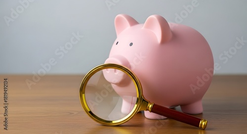 Fototapeta Naklejka Na Ścianę i Meble -  A pink piggy bank is placed on a wooden surface with a magnifying glass in front of it on the table
