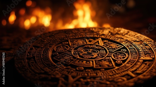 Ancient Aztec Sun Stone Close-Up with Flames