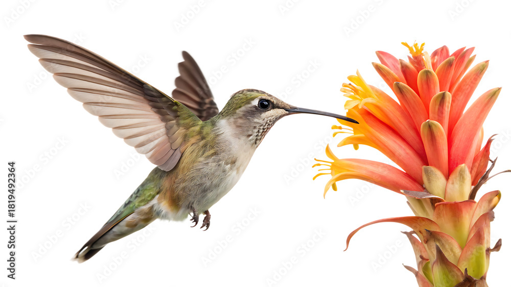 Naklejka premium Hummingbird in flight with flower cut out on PNG isolated. AI generated.